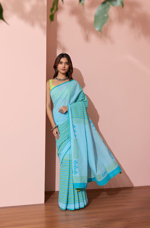 Light Blue Pure Cotton Block Printed Bengal Saree