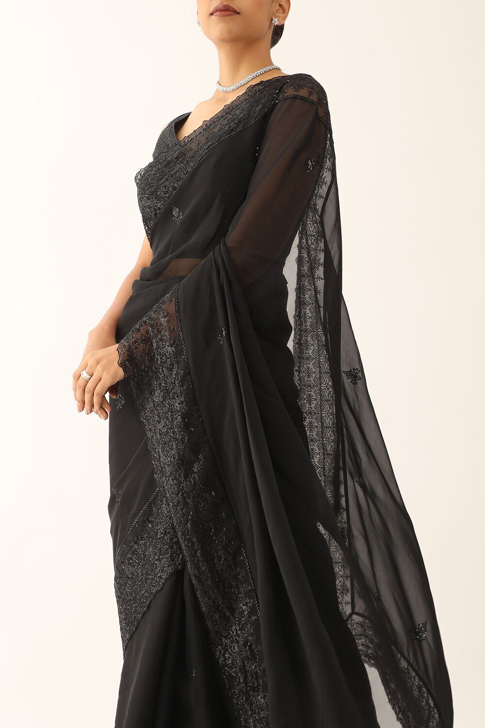 Black Viscose Organza Embroidery Saree image number null