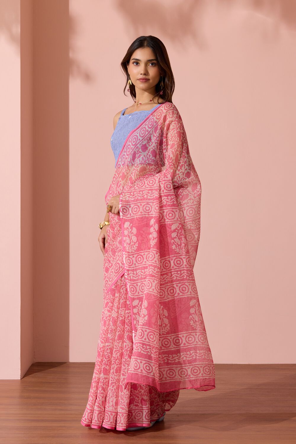 Light Pink Rajasthan Dabu Block Printed Pure Cotton Kota Saree image number null