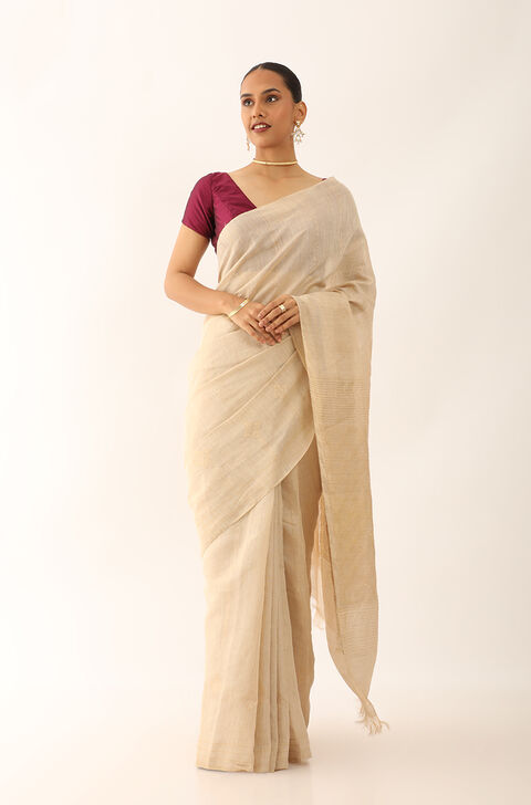 Beige Chattisgarh Pure Silk Tissue Woven Saree