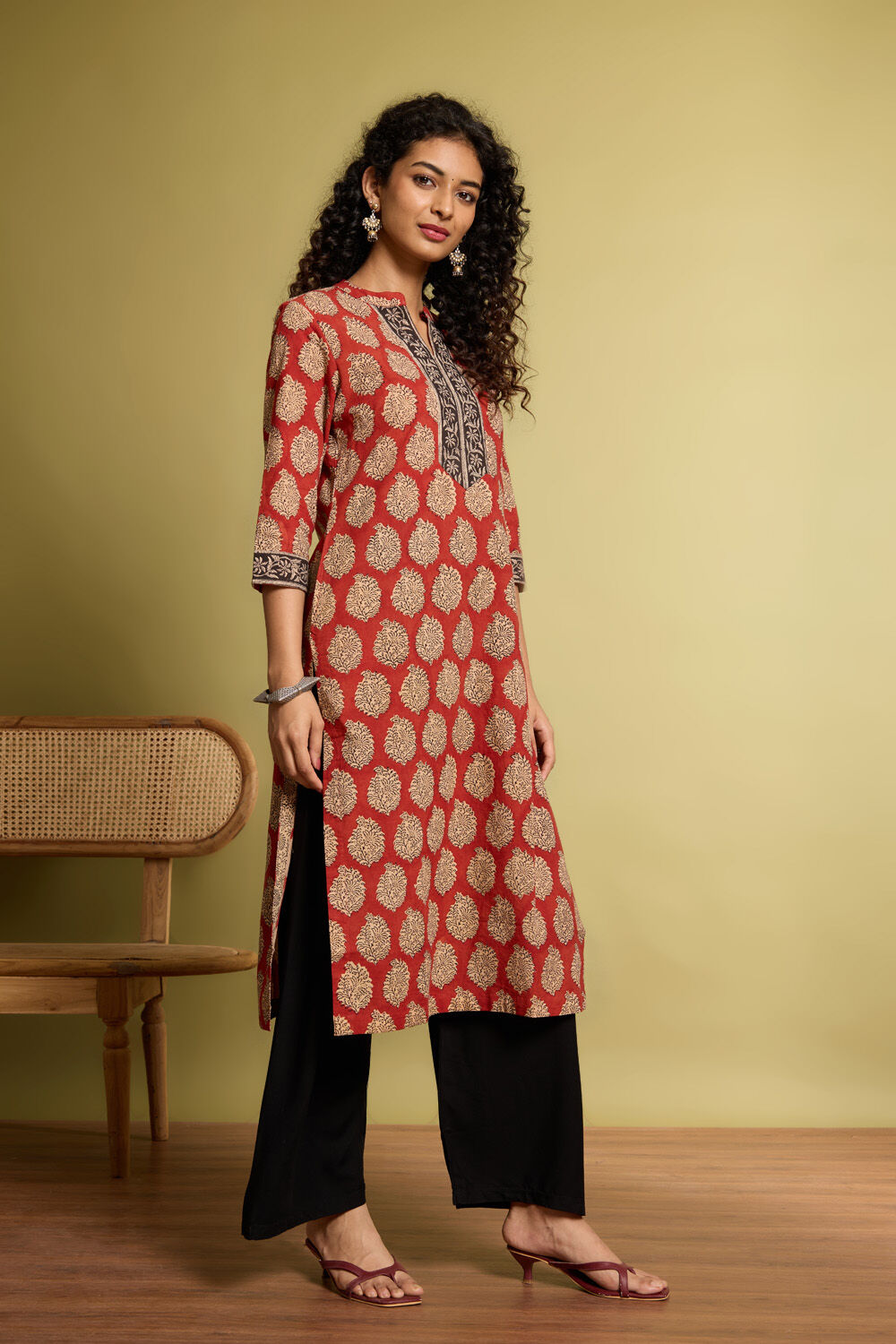 Dark Red Bagru Block Printed Pure Cotton Kurta image number null
