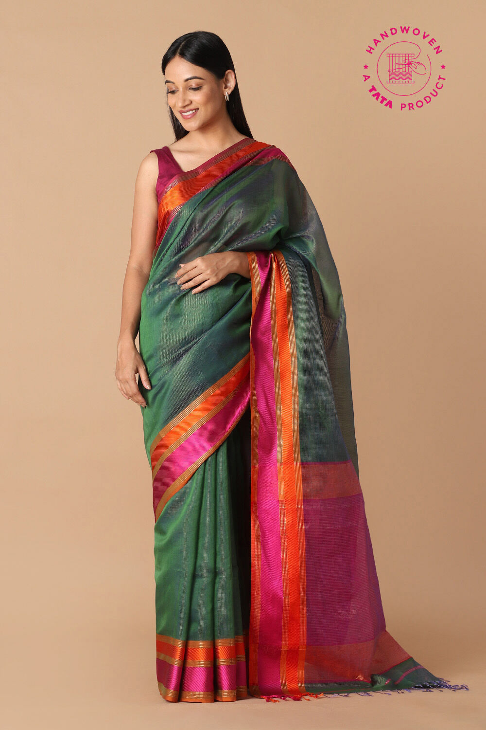 Green Pure Silk Cotton Maheswari Saree image number null