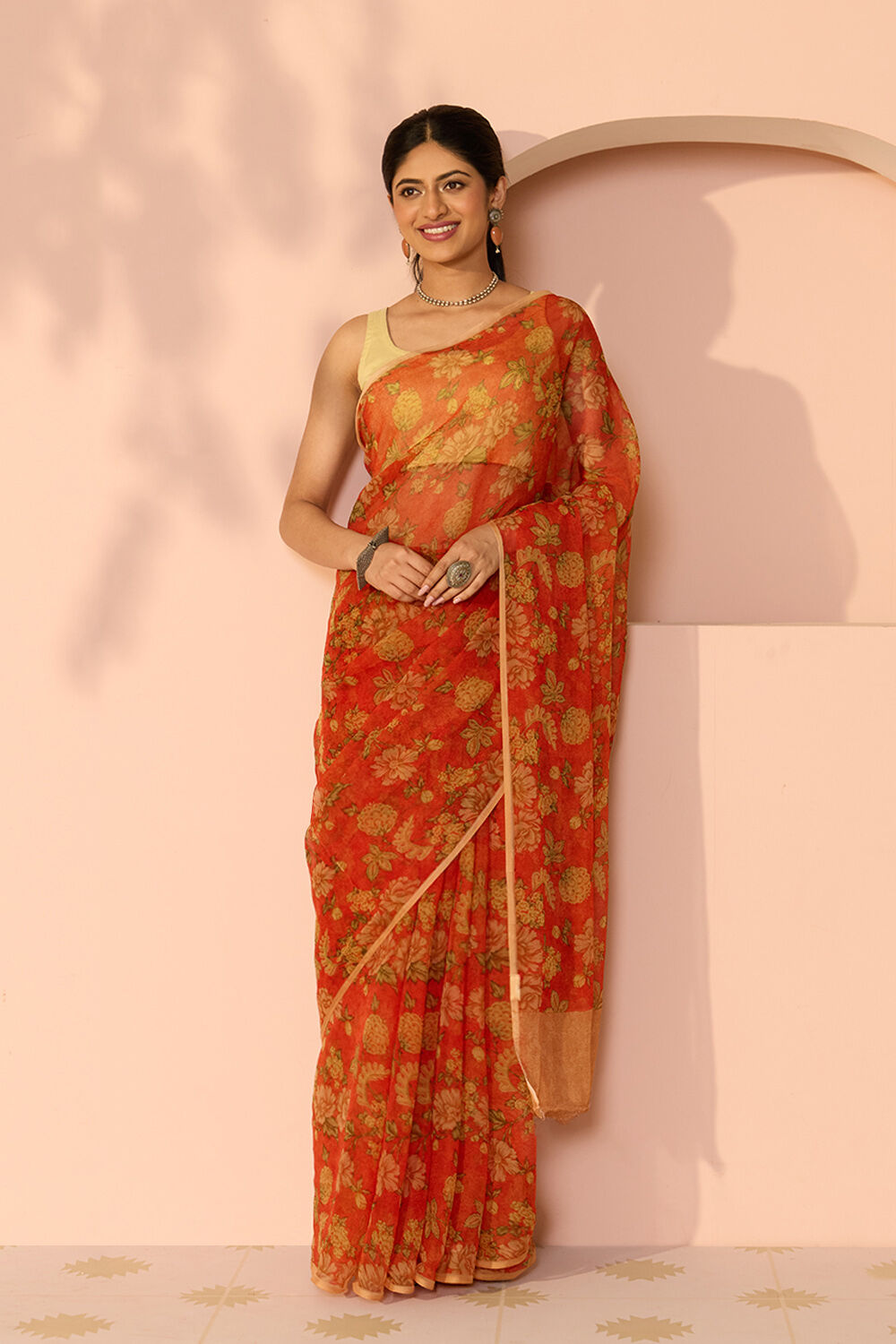 Orange Screen Printed Viscose Chiffon Saree image number null