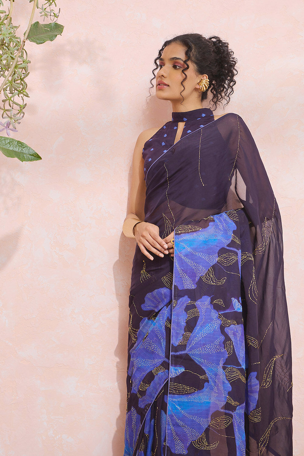 Dark Blue Printed Viscose Organza Kantha Saree image number null