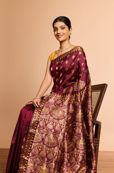 Dark Red Assam Woven Pure Silk Saree