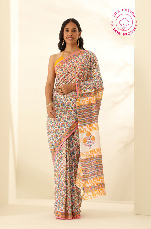 Off White Pure Cotton Bagru Block Printed Saree