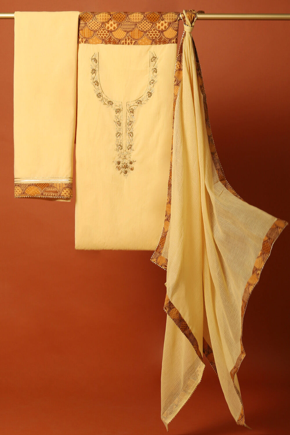 Beige Cotton Embroidered Unstitched Suit Set image number null