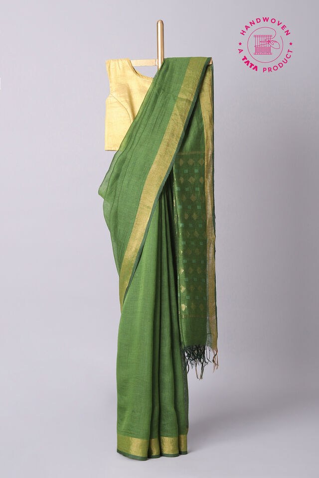 Green Pure Silk Linen Bengal Saree