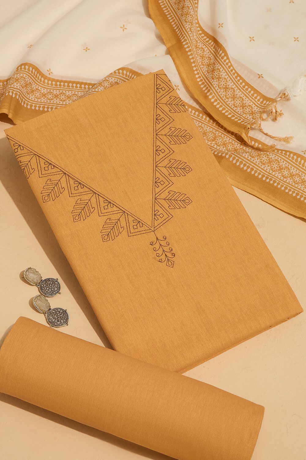 Dark Yellow Embroidered Pure Cotton Unstitched Suit Set image number null
