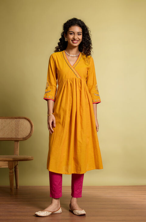 Yellow Embroidered Pure Cotton Kurta