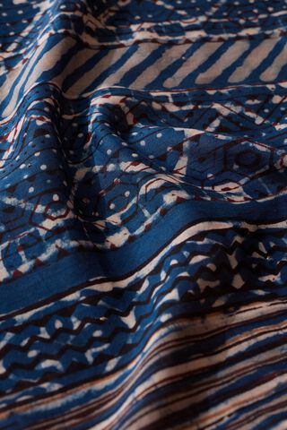 Dark Blue Bagru Printed Mukaish Pure Silk Cotton Saree thumbnail image number null