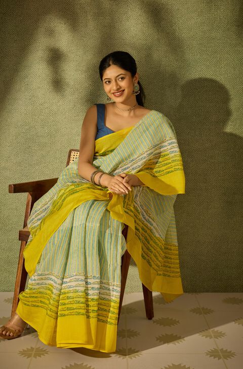 Blue Rajasthan Pure Silk Cotton Printed Sanganeri Saree