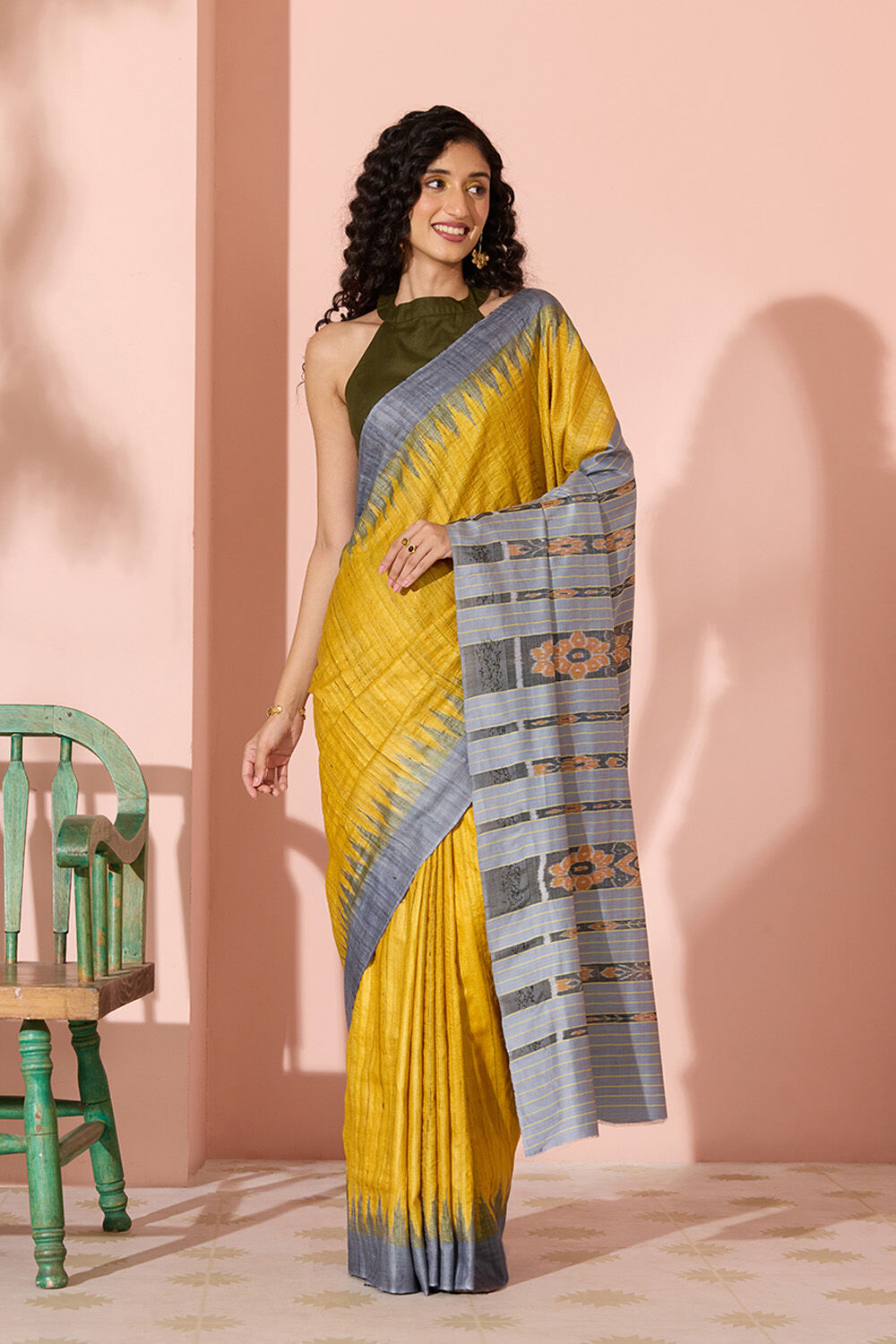 Yellow Ikat Pure Tussar Silk Gopalpur Saree image number null