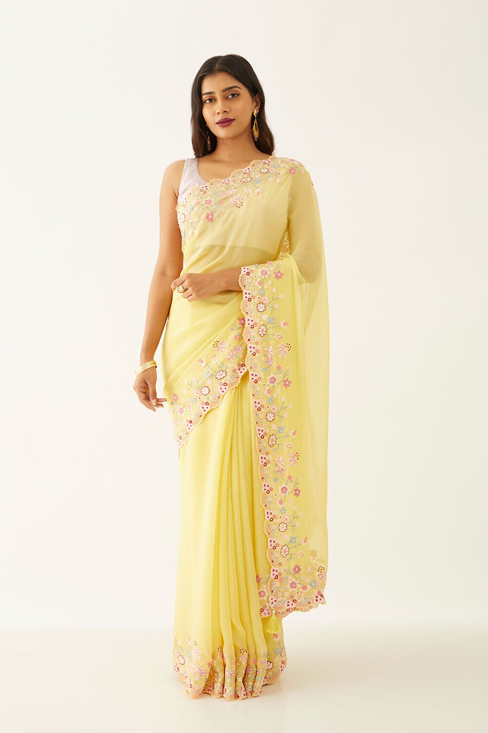 Light Yellow Viscose Organza Embroidery Saree image number null