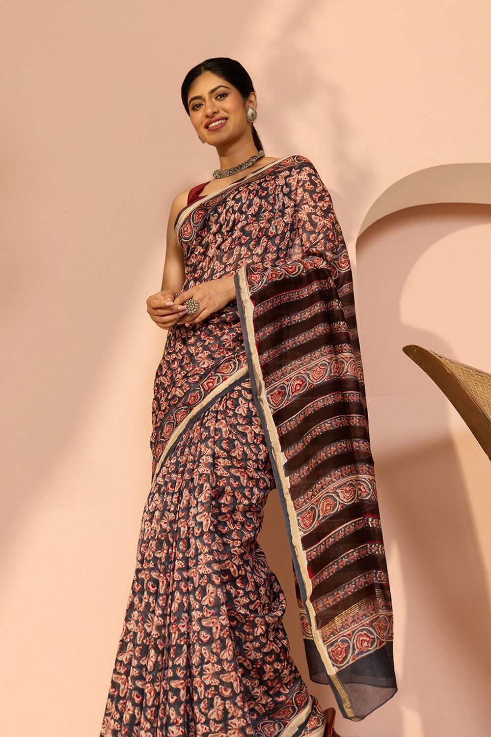 Dark Blue Rajasthan Pure Silk Cotton Printed Sanganeri Saree image number null
