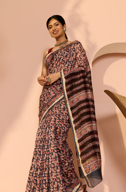 Dark Blue Rajasthan Pure Silk Cotton Printed Sanganeri Saree