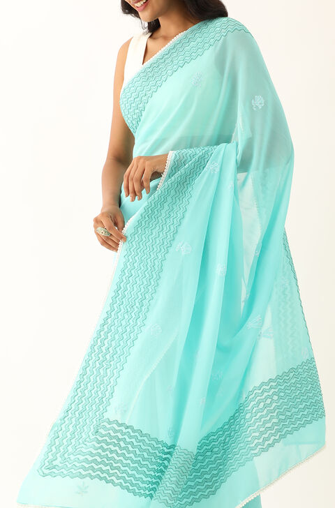 Green Pure Silk Georgette Lucknow Chikankari Saree