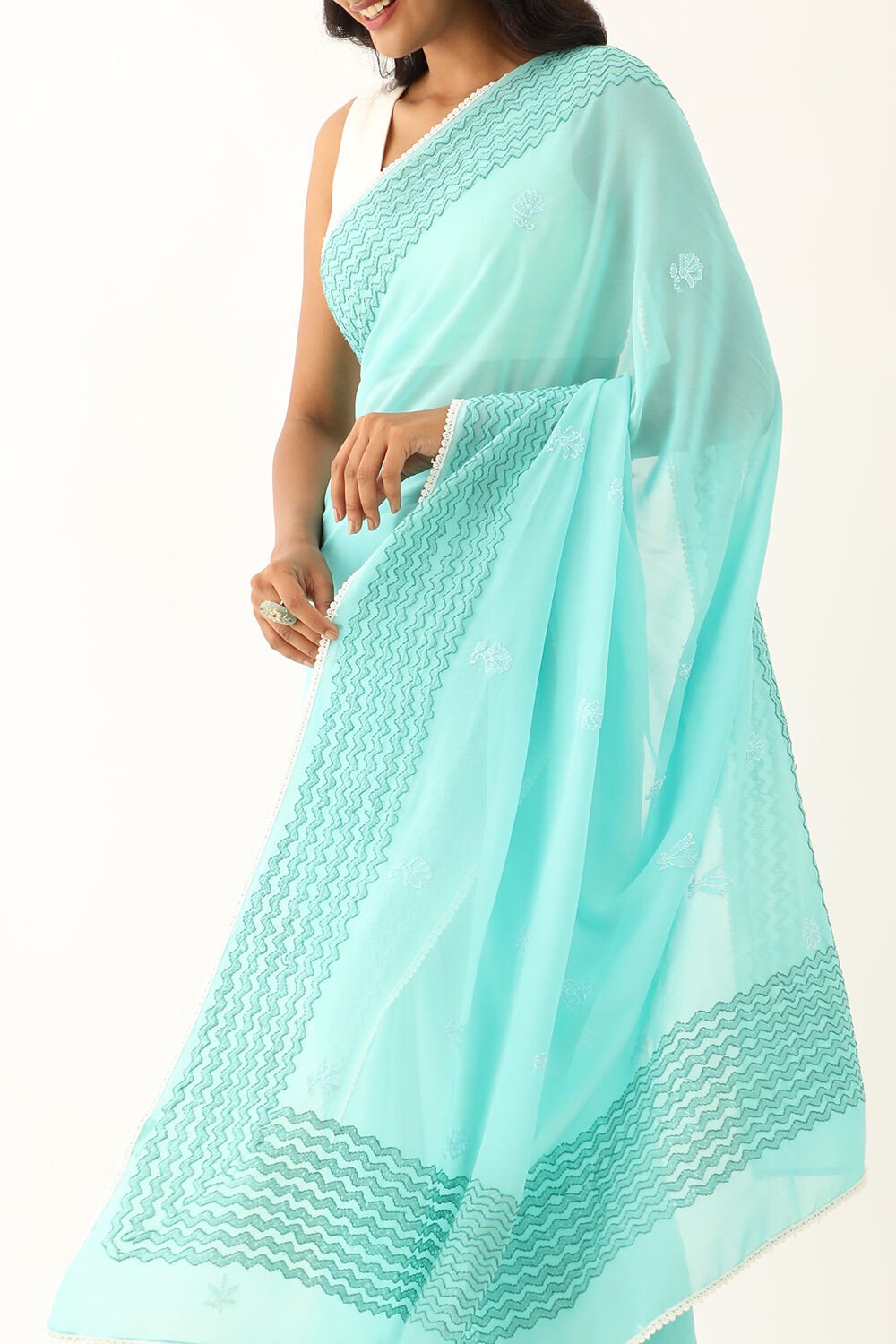 Green Pure Silk Georgette Lucknow Chikankari Saree image number null