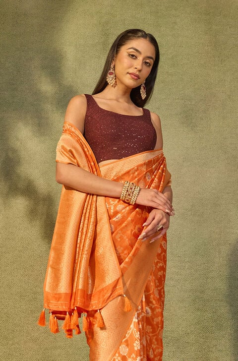 Orange Woven Pure Viscose Saree