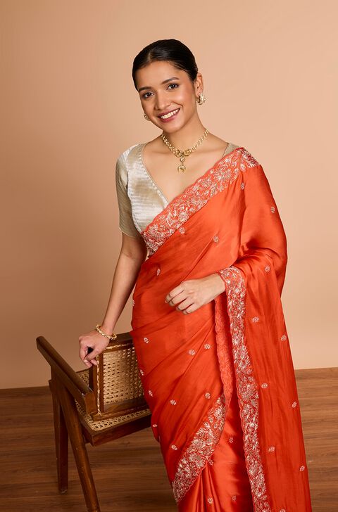 Orange Viscose Satin Embroidered Saree