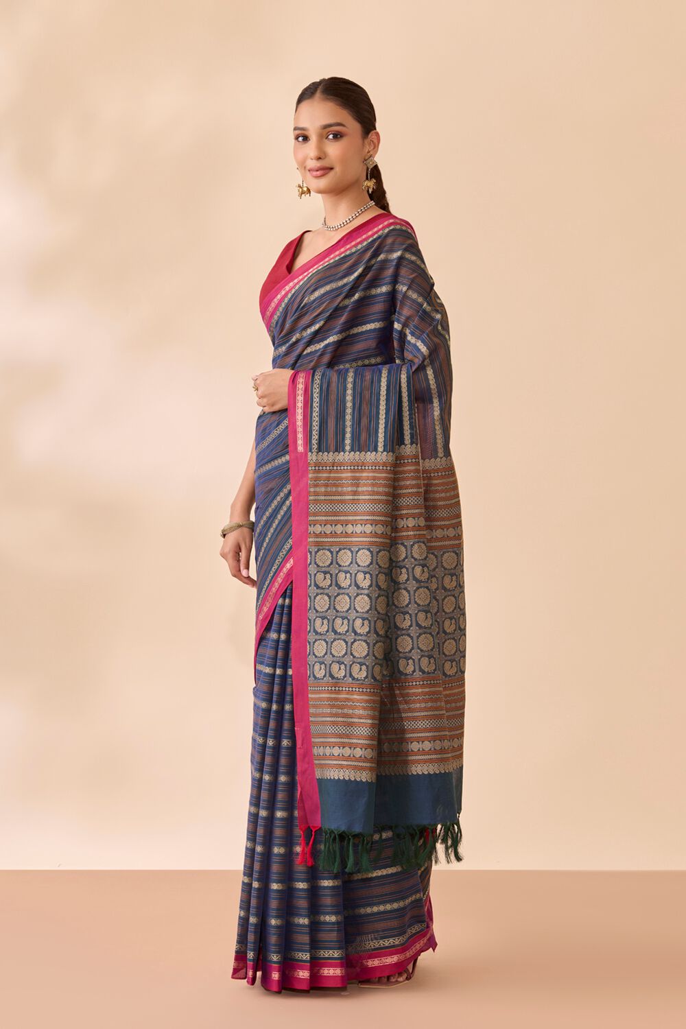 Dark Blue Woven Pure Cotton Saree image number null