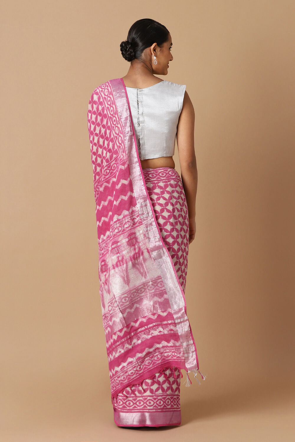 Pink Pure Cotton Linen Bagru Printed Saree image number null