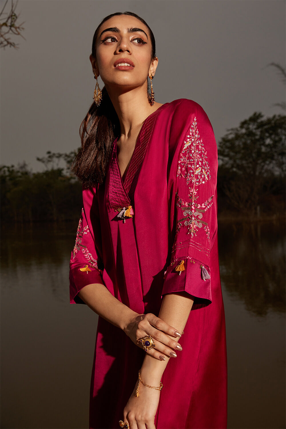 Red Viscose Embroidered Kurta Set image number null
