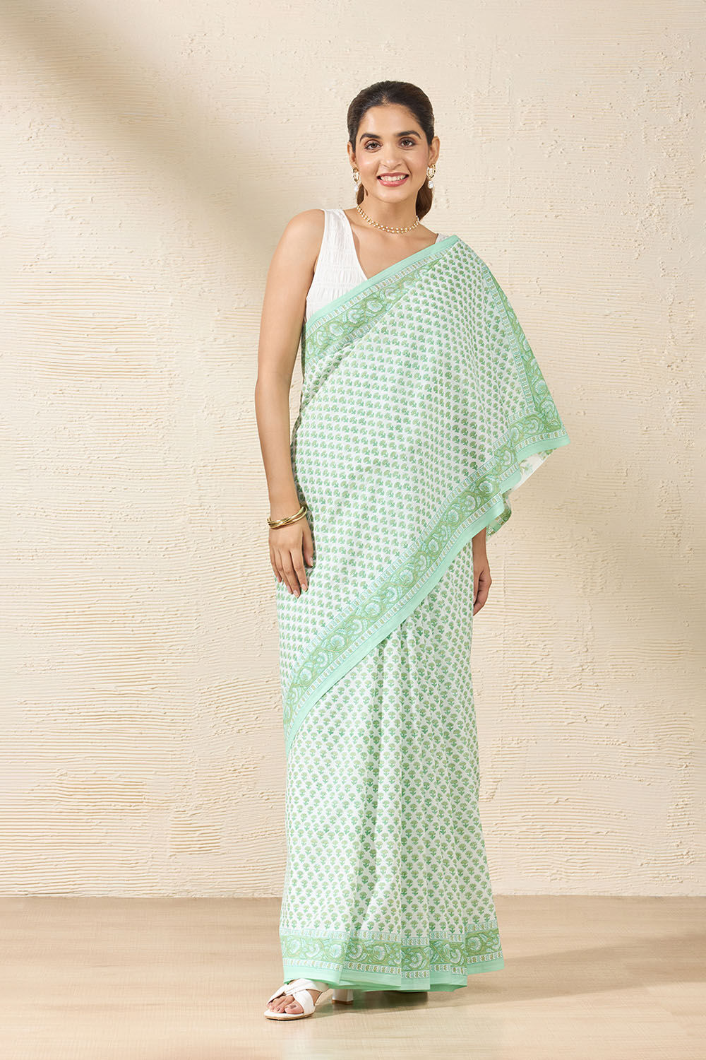Light Green Block Printed Rajasthan Pure Cotton Saree image number null