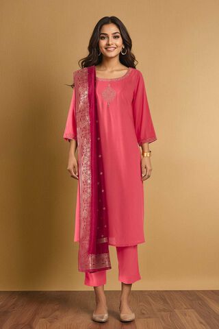 Pink Viscose Embroidered Kurta Set thumbnail image number null