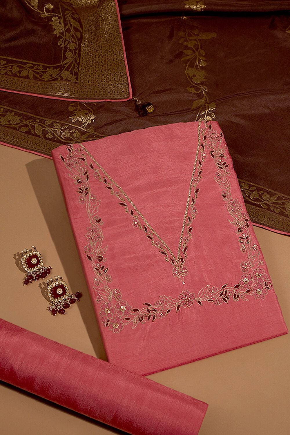 Pink Pure Viscose Embroidered Unstitched Suit Set image number null