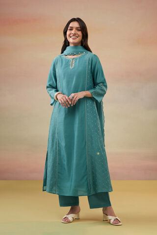 Dark Green Pure Silk Cotton Embroidered Kurta Set thumbnail image number null
