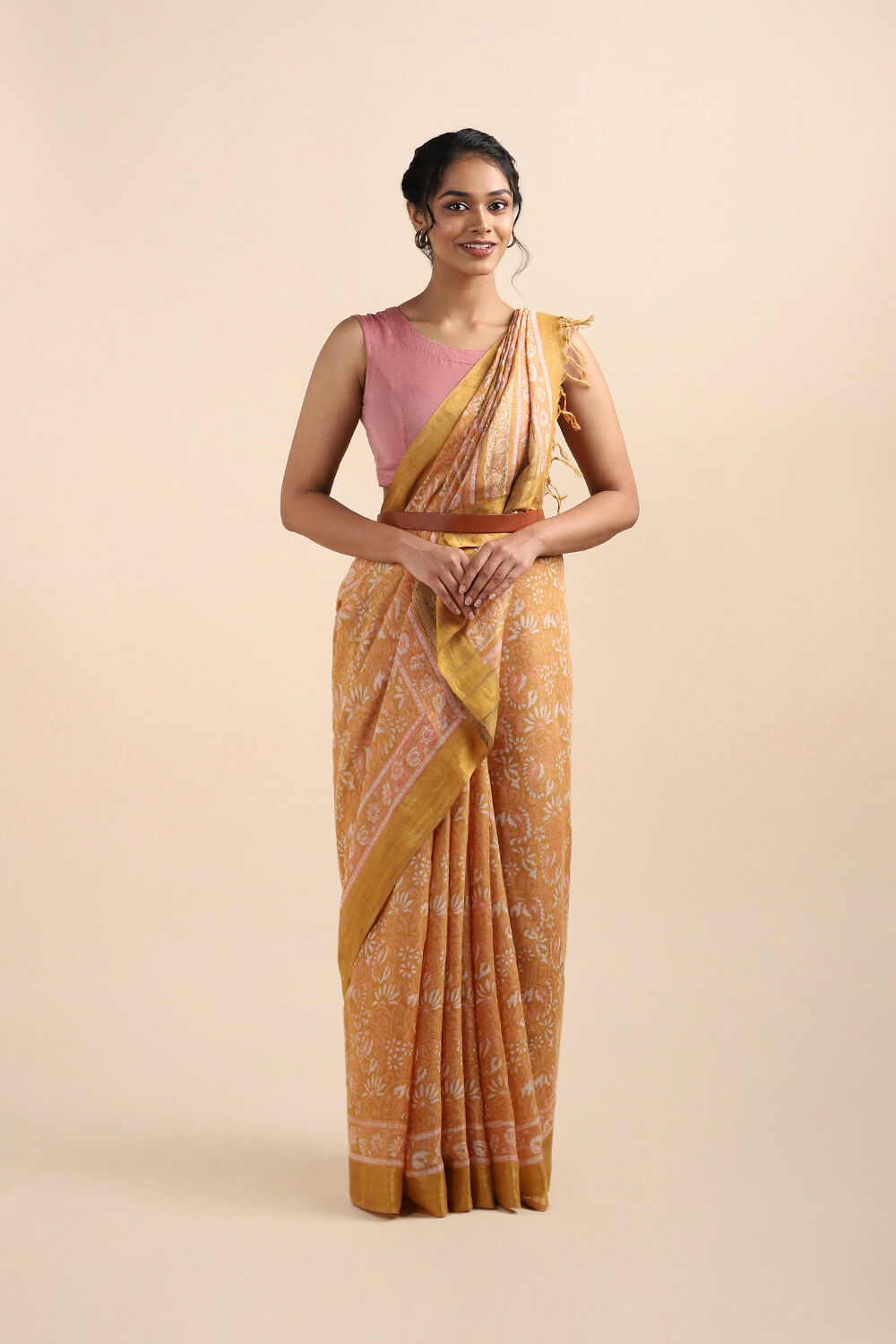 Orange Pure Linen Printed Saree image number null