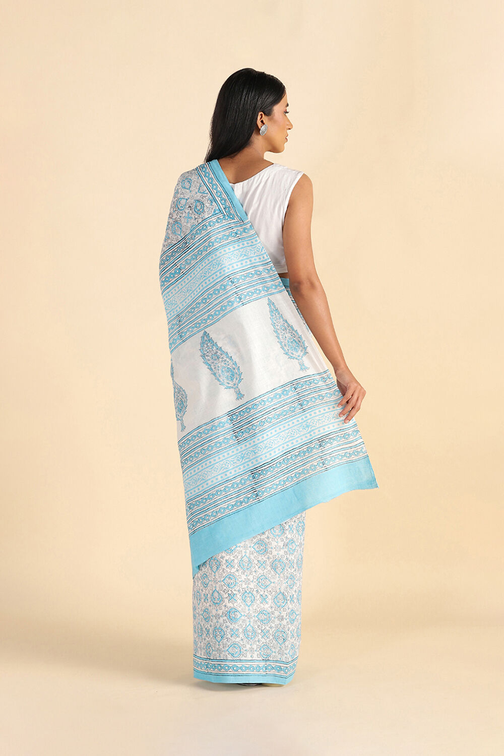 Light Blue Pure Khadi Cotton Block Print Sanganeri Saree image number null