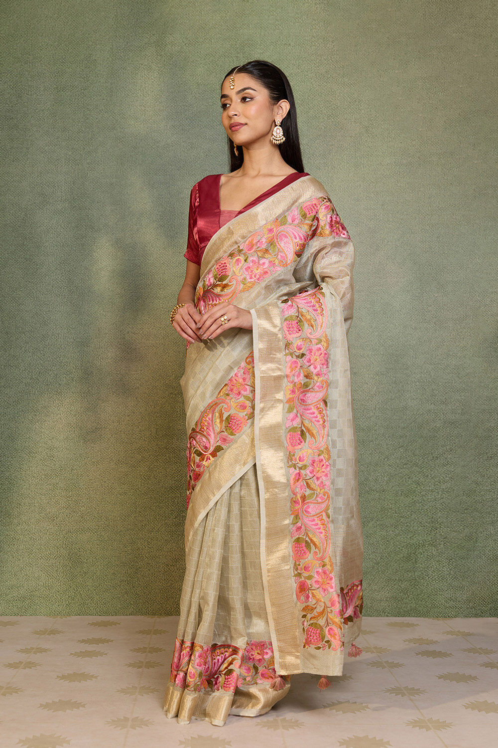 Grey Embroidered Viscose Tissue Saree image number null