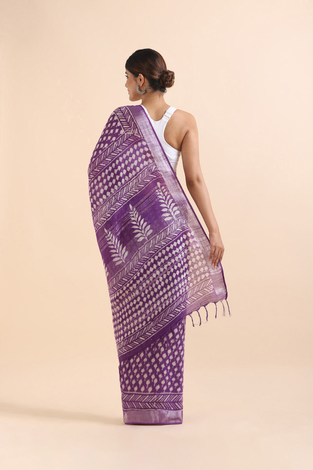 Violet Pure Cotton Linen Bagru Printed Saree image number null