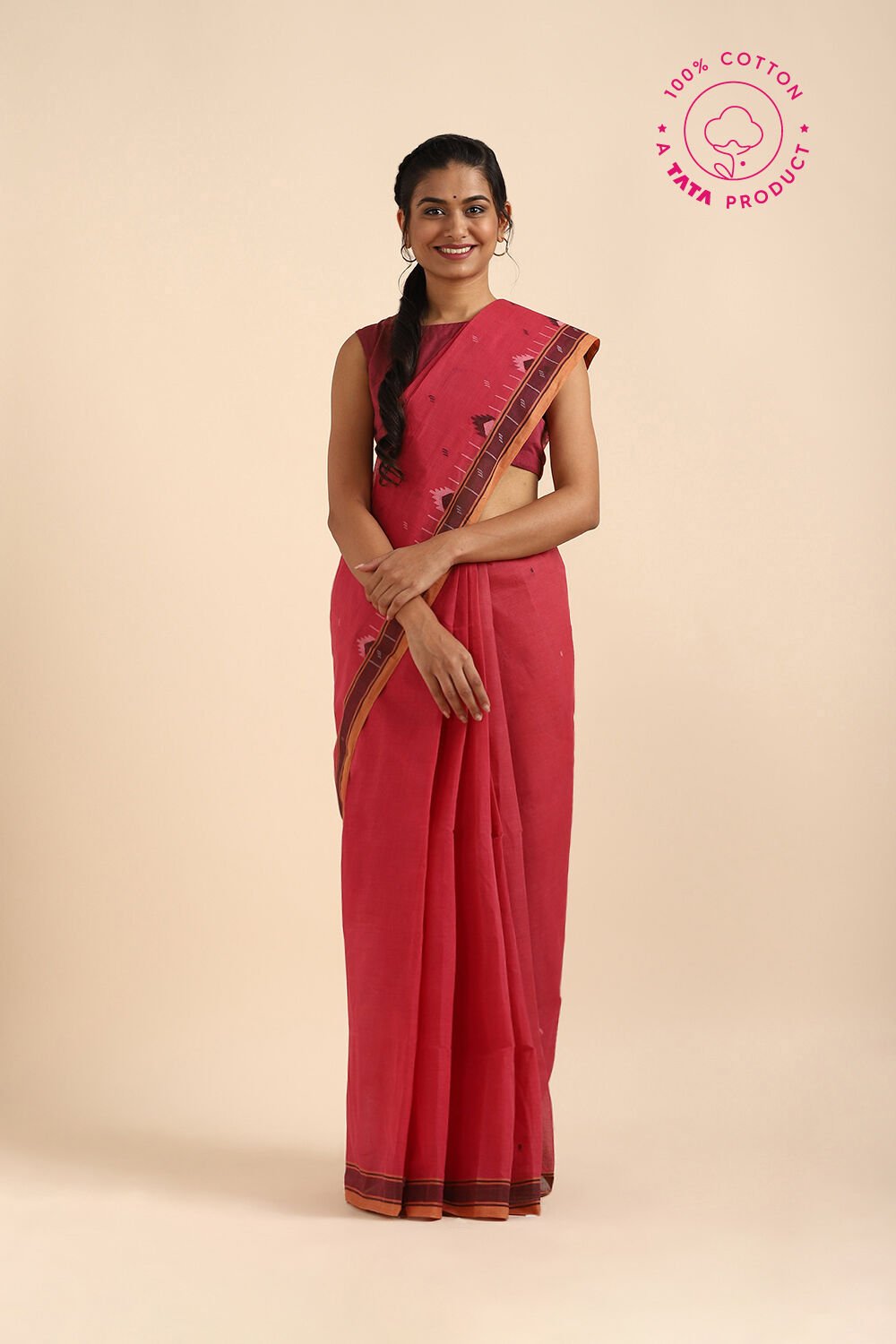 Light Red Pure Cotton Bengal Saree image number null