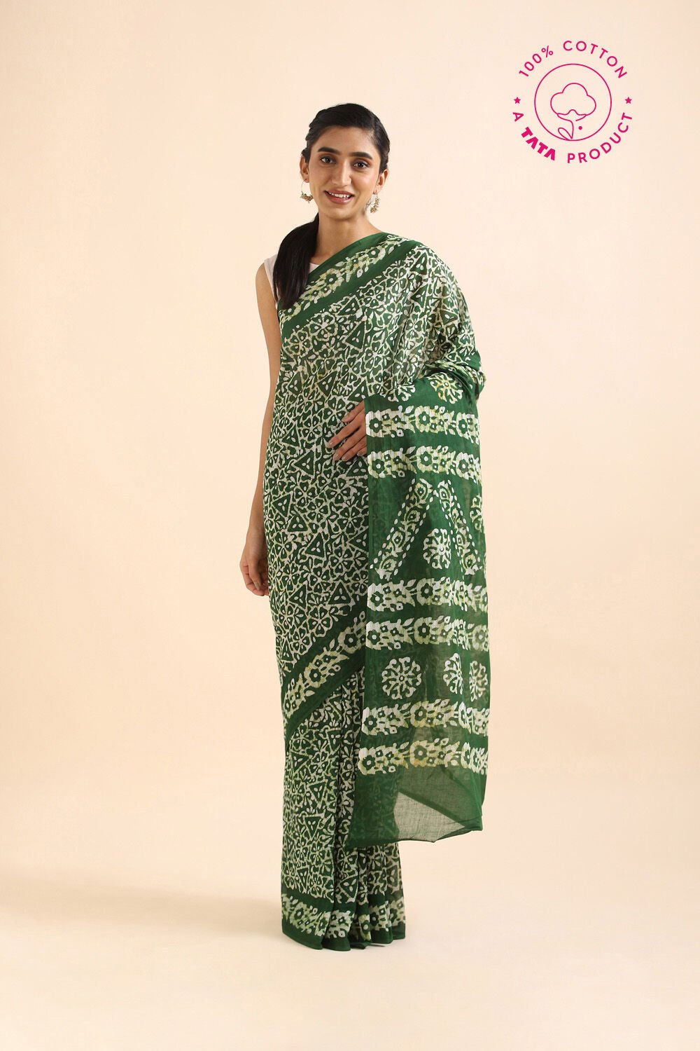 Dark Pure Green Cotton Batik Saree image number null
