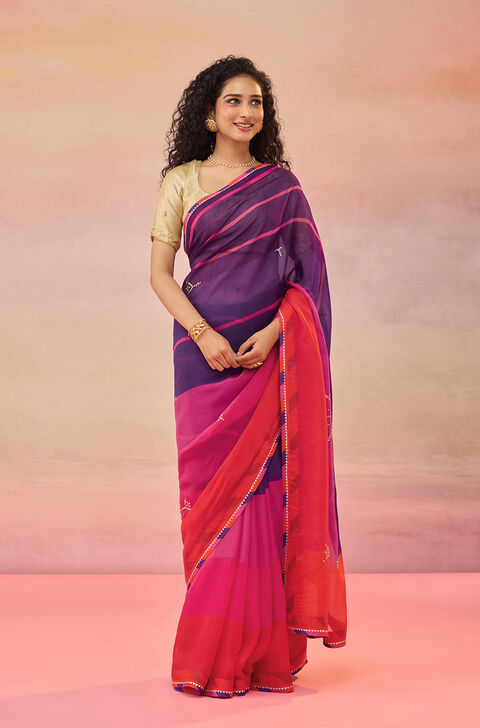 Multi Viscose Organza Embroidered Saree