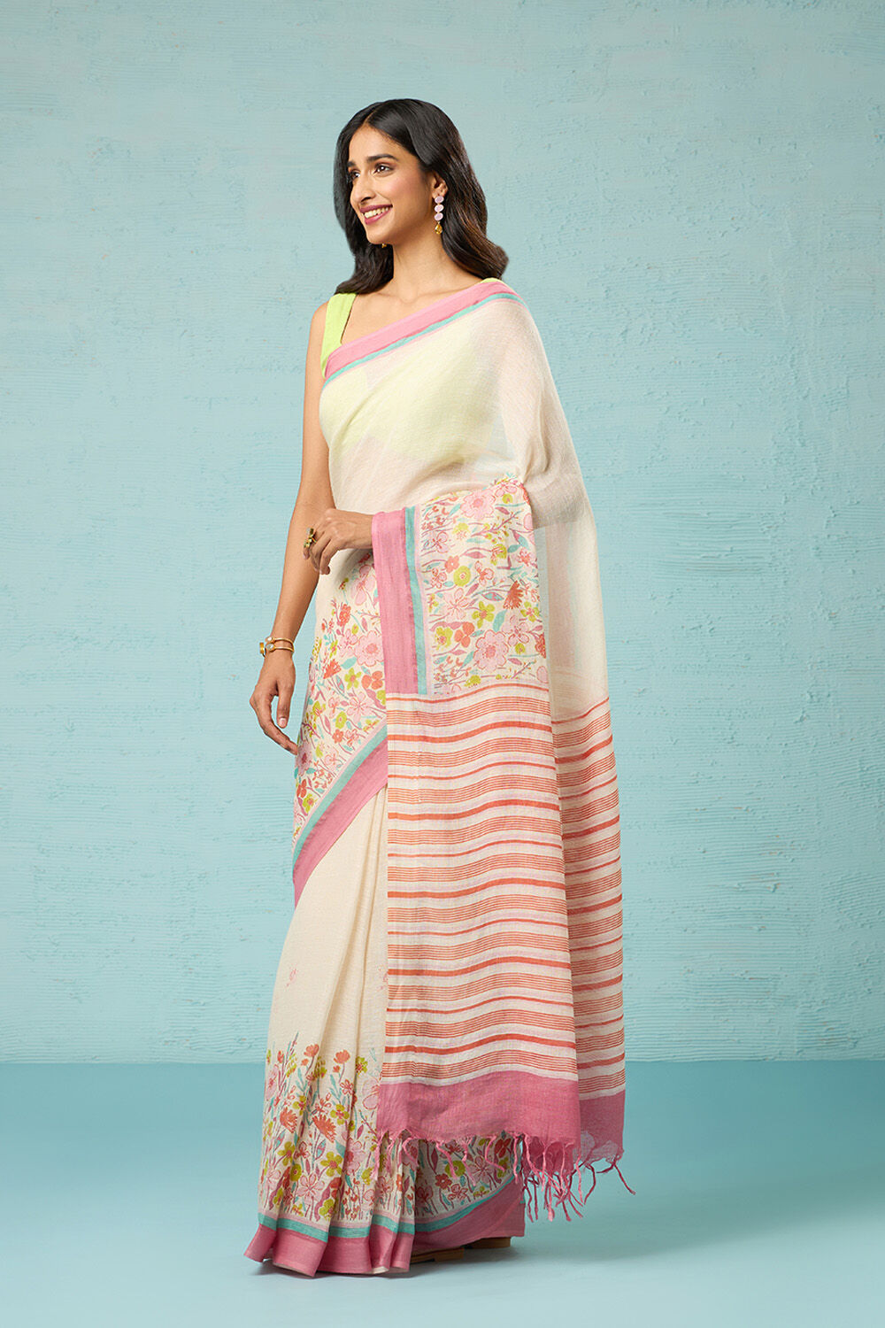 Off White Screen Printed Pure Linen Saree image number null