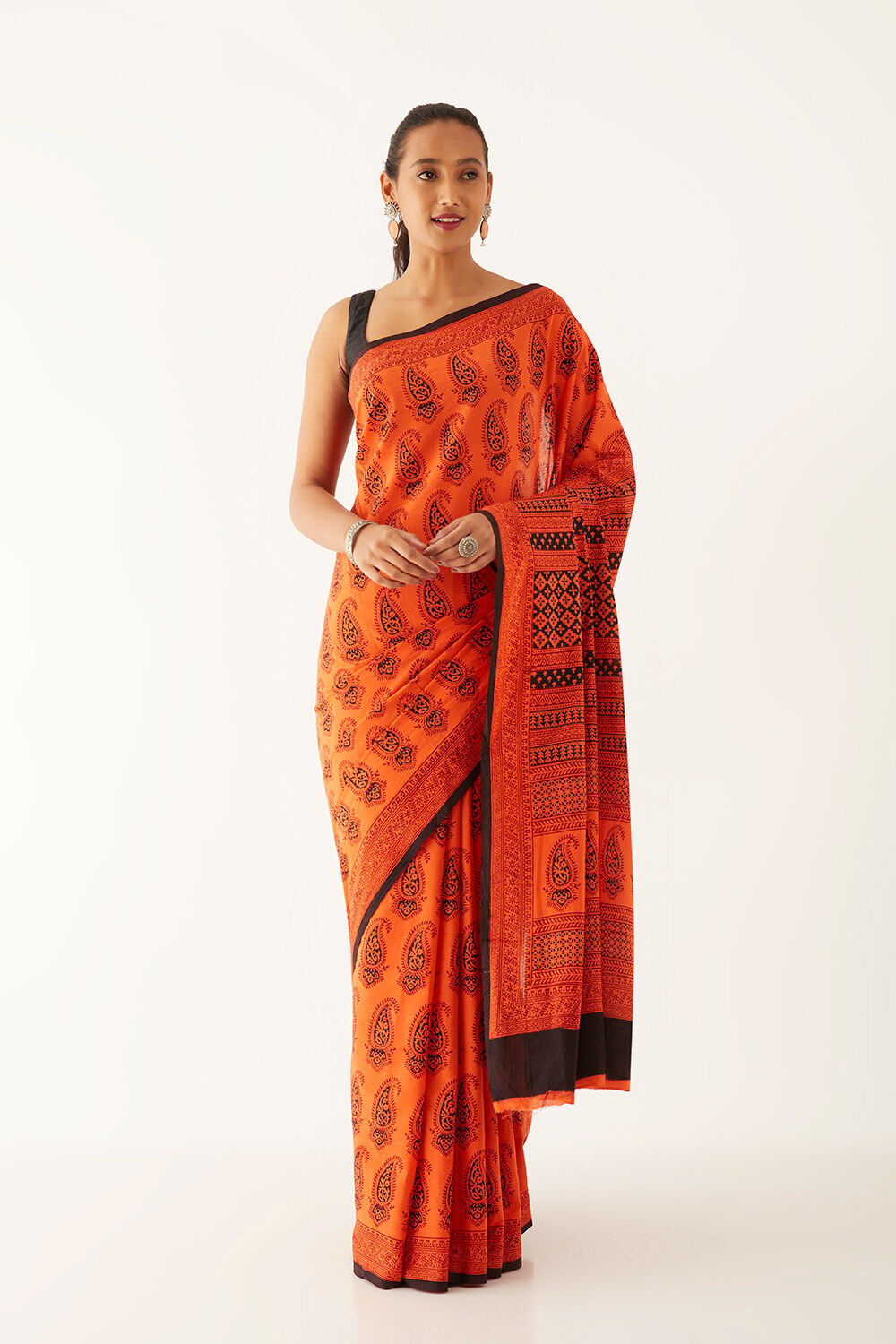 Orange Pure Cotton Bagh Printed Saree image number null