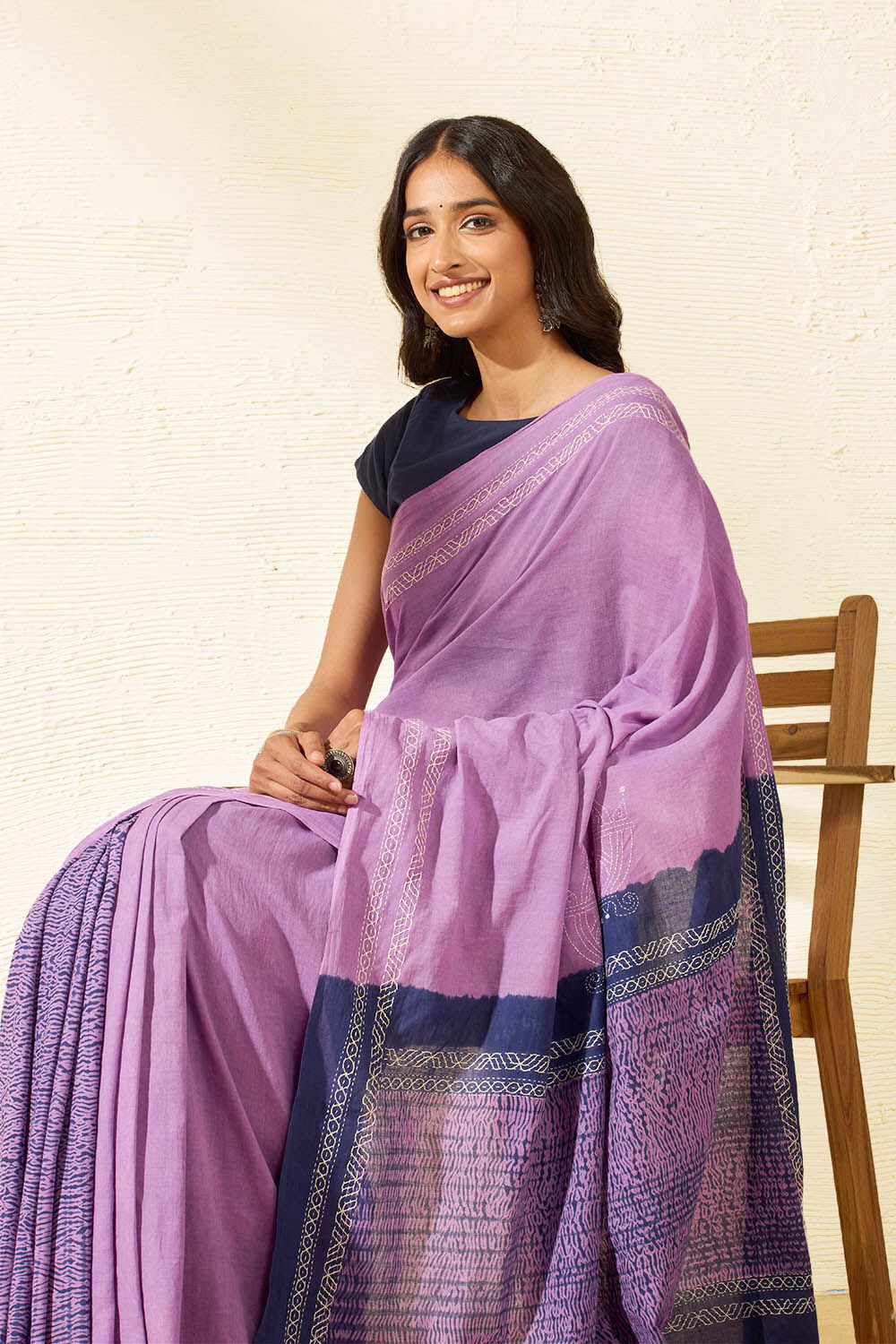Violet Bengal Pure Cotton Kantha Embroidered Saree image number null