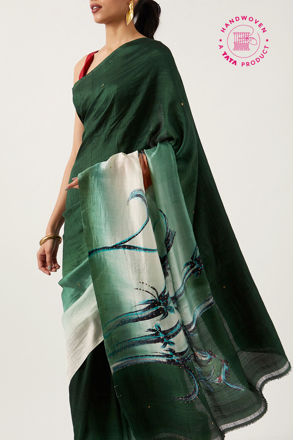 Green Pure Silk Hand Painted Saree image number null