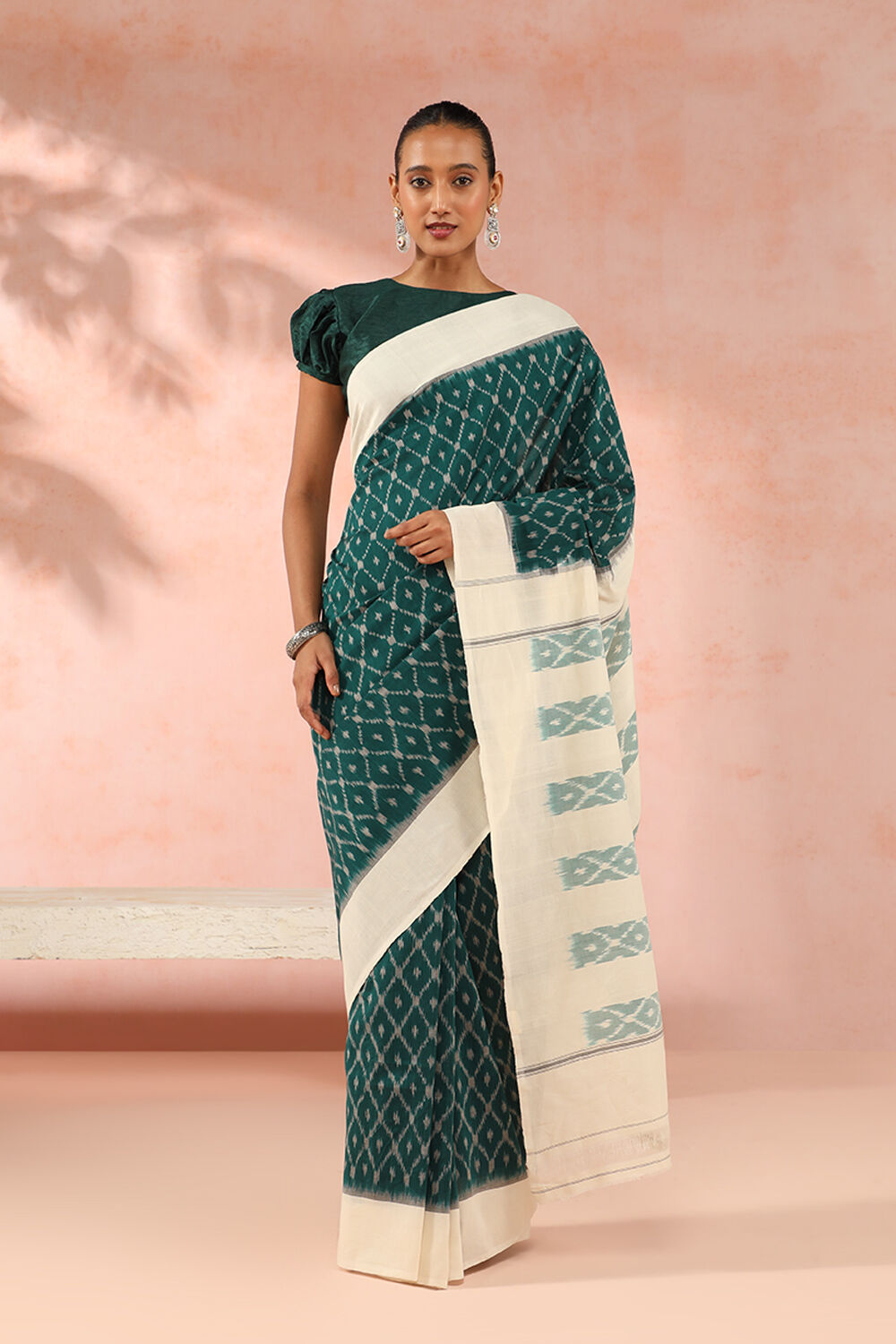 Dark Green Pure Cotton Pochampalli Ikat Saree image number null