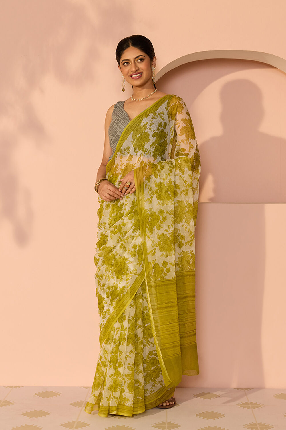 Green Screen Printed Viscose Chiffon Saree image number null