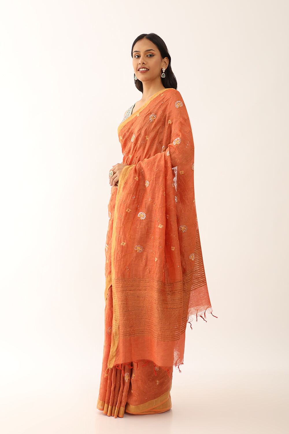 Orange Bhagalpur Pure Silk Linen Embroidered Saree image number null