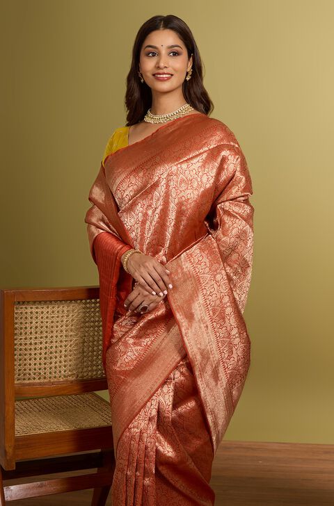 Orange Pure Silk Brocade Banarasi Saree