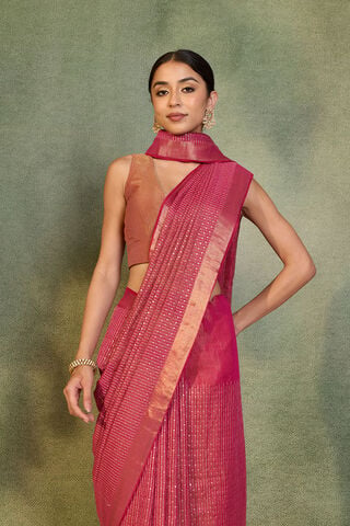Dark Pink Tissue Lyocell Linen Embroidered Saree image number