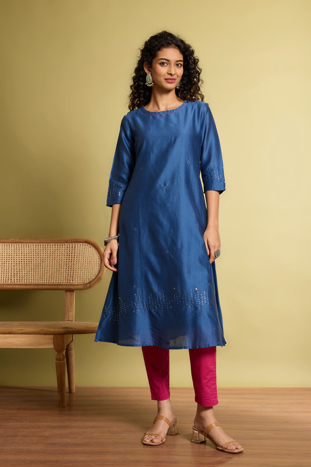 Blue Pure Silk Cotton Mukaish Embroidery Kurta Set image number null