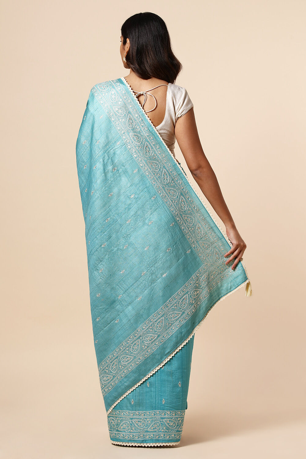 Light Pure Blue Tussar Embroidered Saree image number null