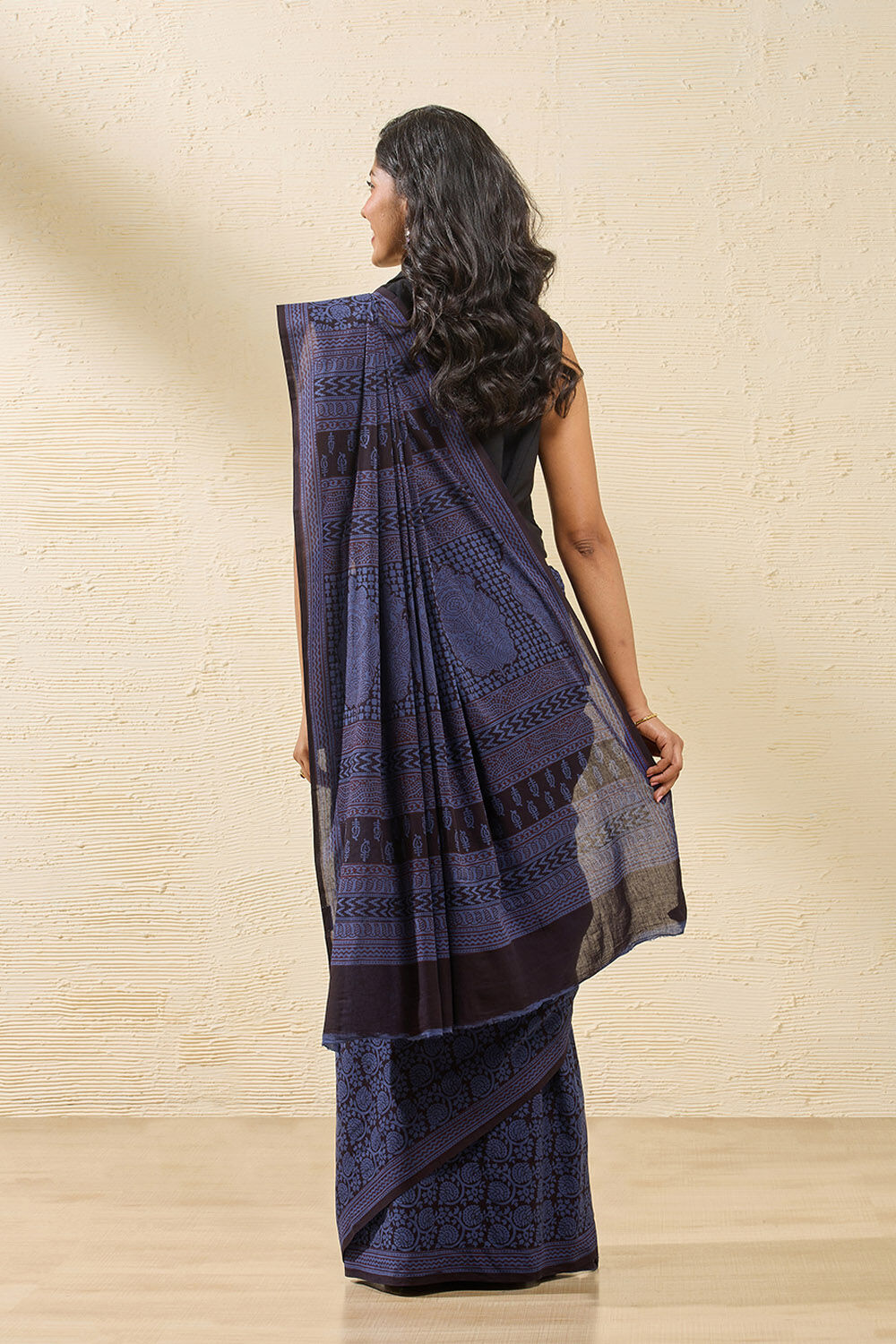 Dark Blue Bagh Block Printed Pure Cotton Saree image number null